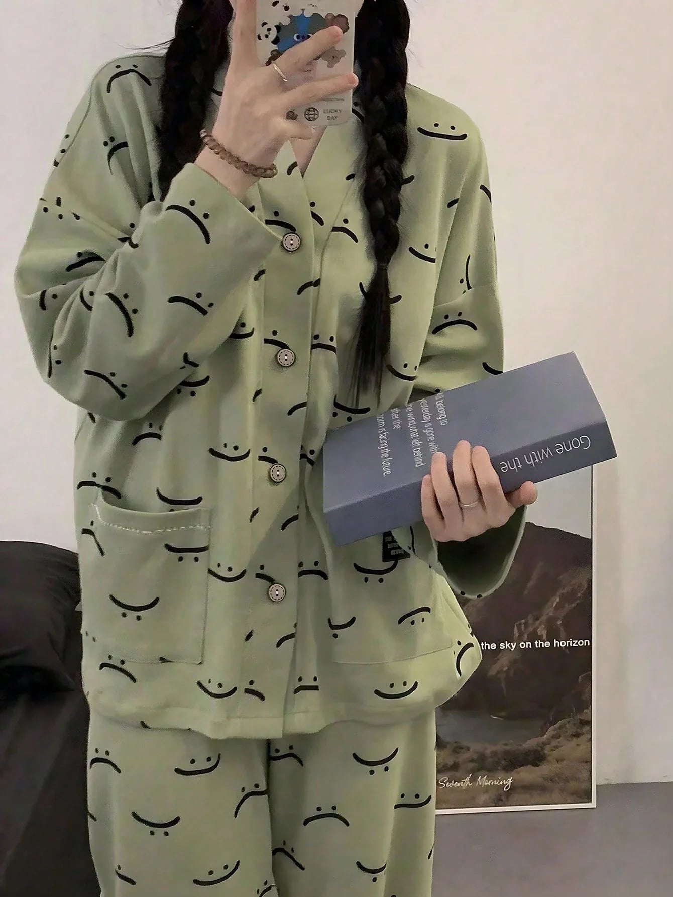 Green Emoji V-Neck Button Printed Night Suit