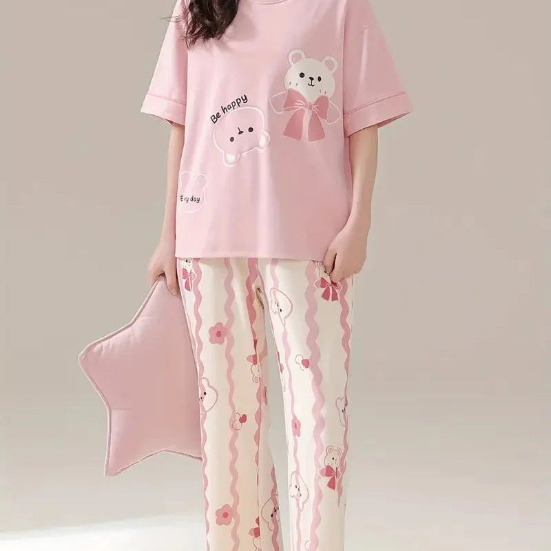 pink happy bear design night suit premium fabric for girls and woman