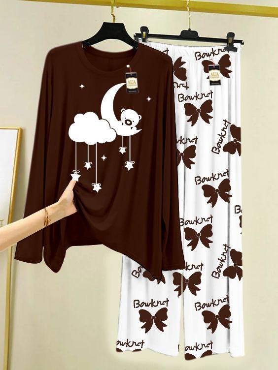 Brown Printed Nightwear Set with Flower Printed Trousers – Women's Lounge Wear