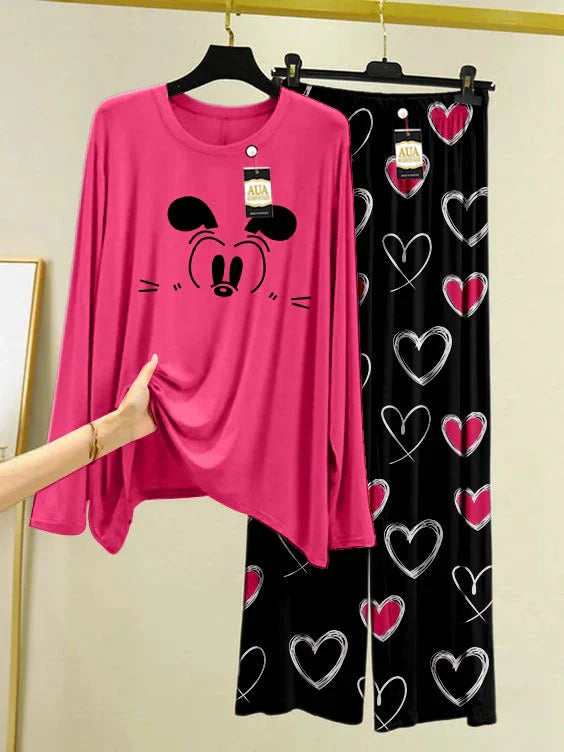 Cute Pink Printed Nightwear Set