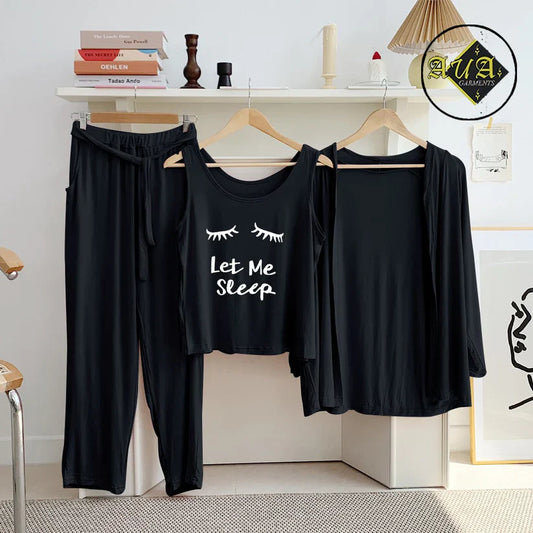 3 Piece Lounge wear Nightwear Sleepwear For Women Black