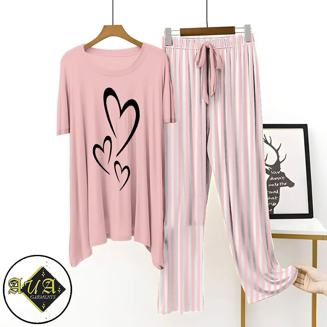 LIght Pink Printed Night Suit with Luxurious Lining Pajamas Stylish Sleepwear Set for a Cozy Night's Rest