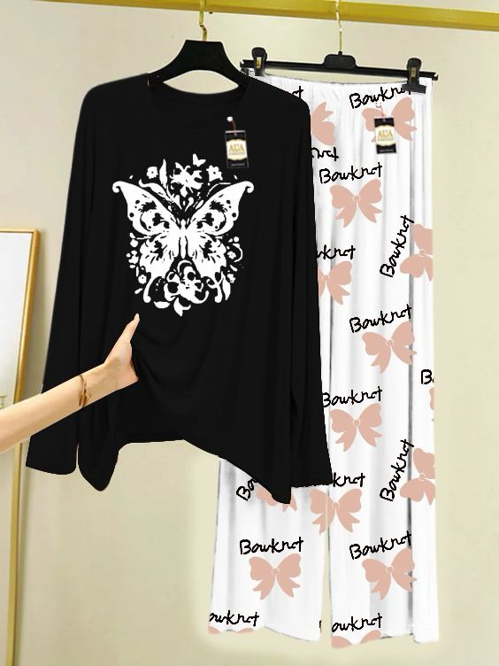 Printed Nightwear Set with Flower Printed Trousers – Women's Lounge Wear
