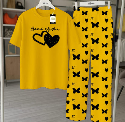 Yellow Printed Nightwear Set With Star Butterfly Printed Trousers – Women's Lounge Wear