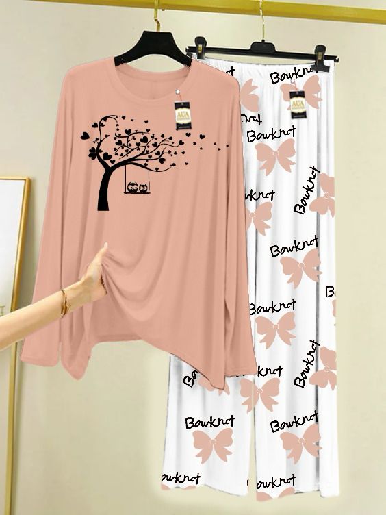 Peach Printed Nightwear Set with Boo Printed Trousers – Women's Lounge Wear
