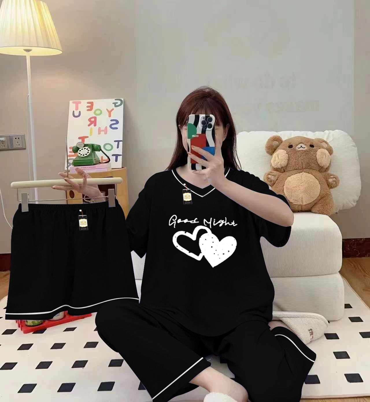 3-Piece Cami Nightwear Set for Women with Elegant White Borders BLACK
