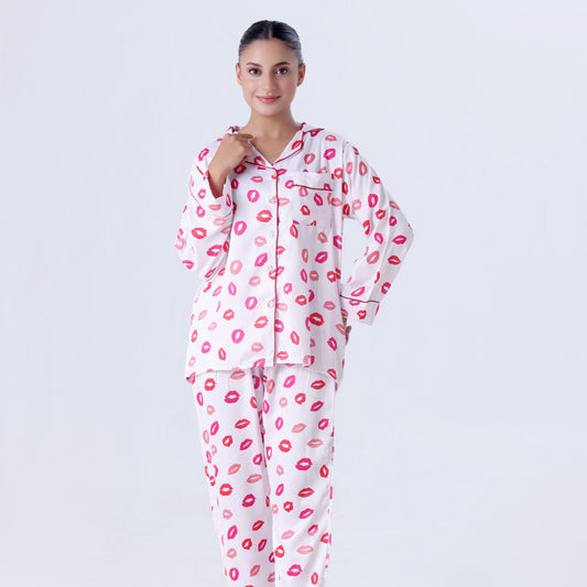 Silk Pajama Suit with Scrunchie - Lush Lips