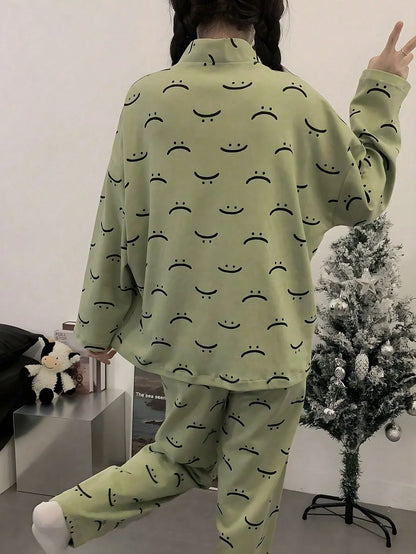 Green Emoji V-Neck Button Printed Night Suit
