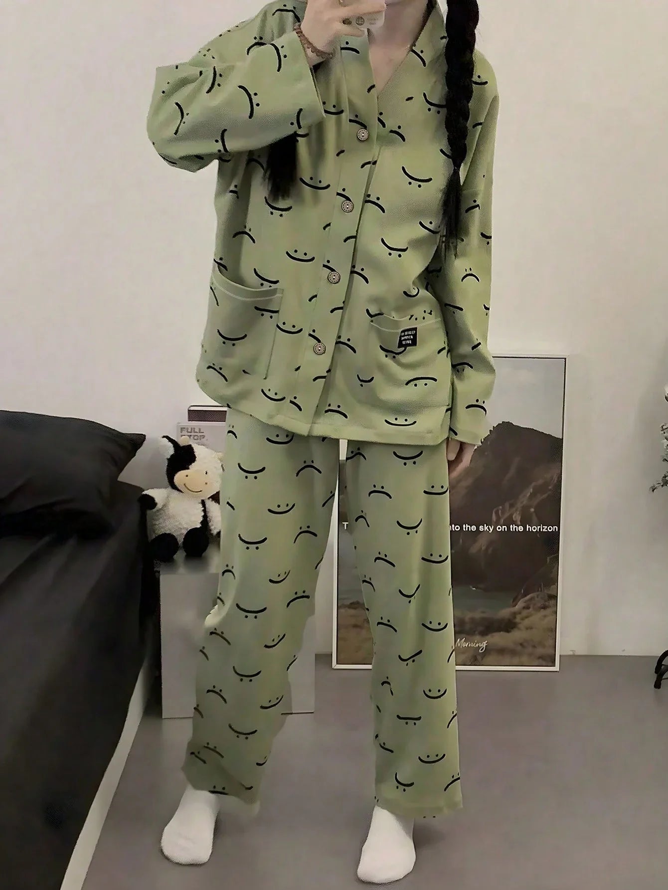 Green Emoji V-Neck Button Printed Night Suit