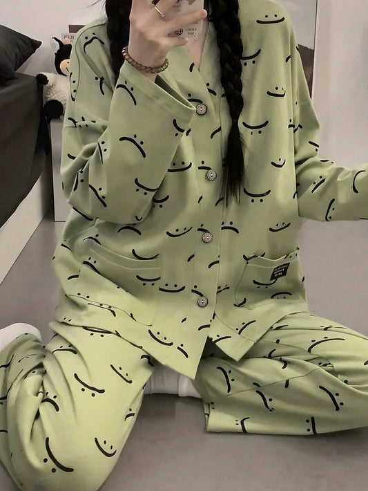 Green Emoji V-Neck Button Printed Night Suit
