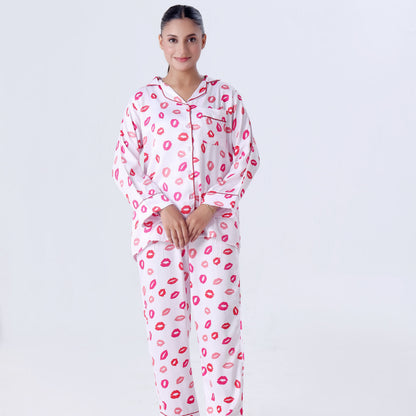 Silk Pajama Suit with Scrunchie - Lush Lips