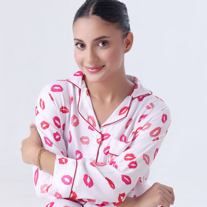 Silk Pajama Suit with Scrunchie - Lush Lips