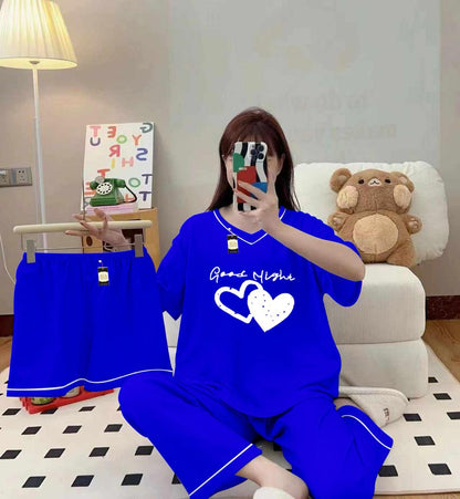 3-Piece Cami Nightwear Set for Women with Elegant White Borders Royal Blue
