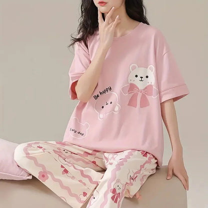 pink happy bear design night suit premium fabric for girls and woman