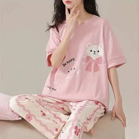 pink happy bear design night suit premium fabric for girls and woman