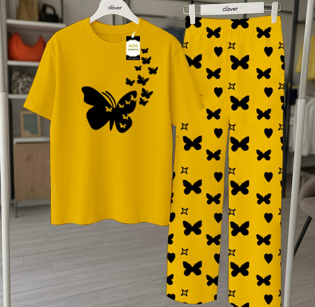 Yellow Printed Nightwear Set With Star Butterfly Printed Trousers – Women's Lounge Wear