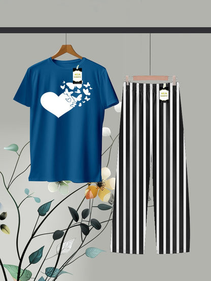 Blue Printed Linig Trouser Lounge wear Nightwear Sleepwear For Women