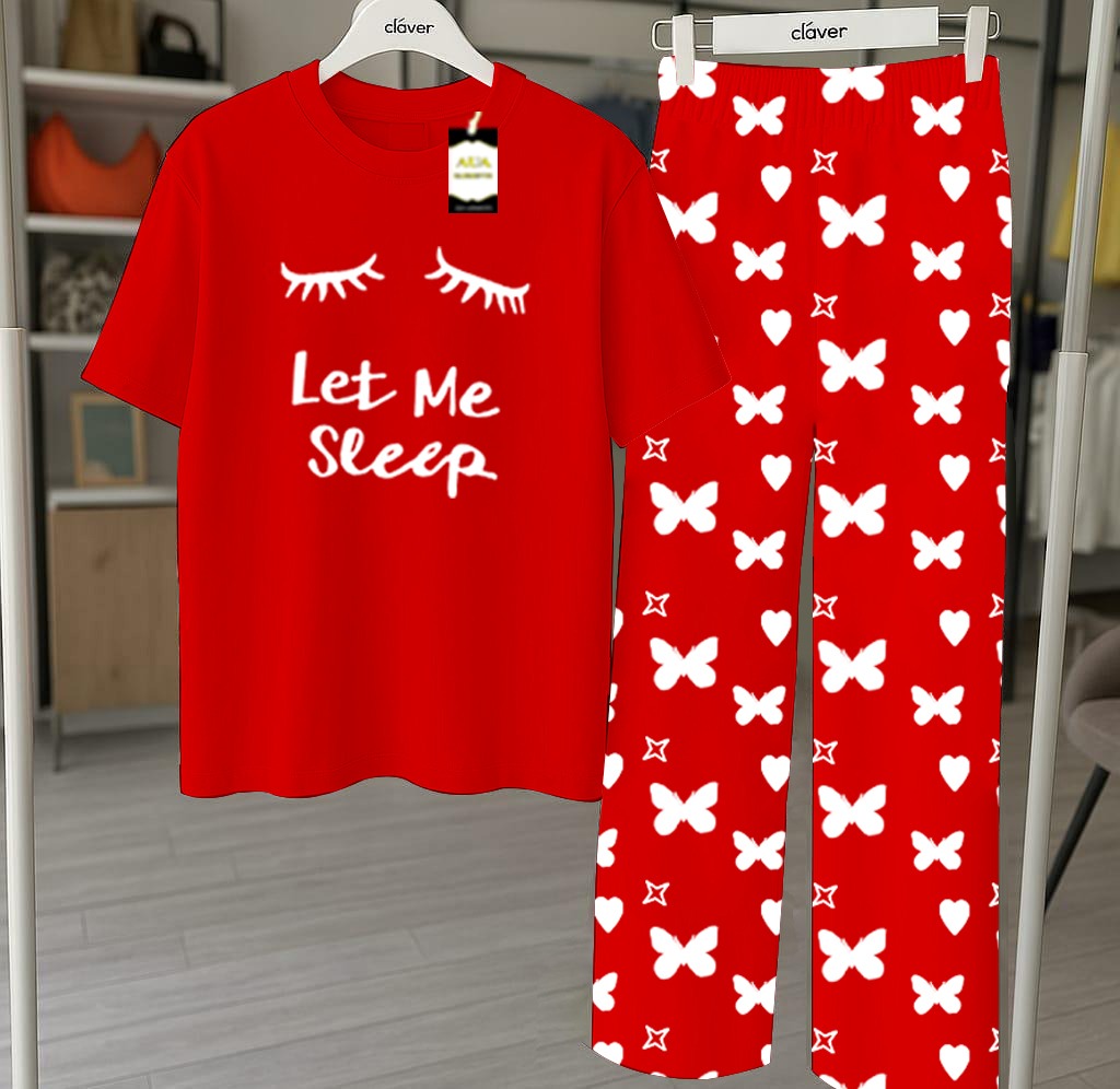 Red Printed Nightwear Set With Star Butterfly Printed Trousers – Women's Lounge Wear