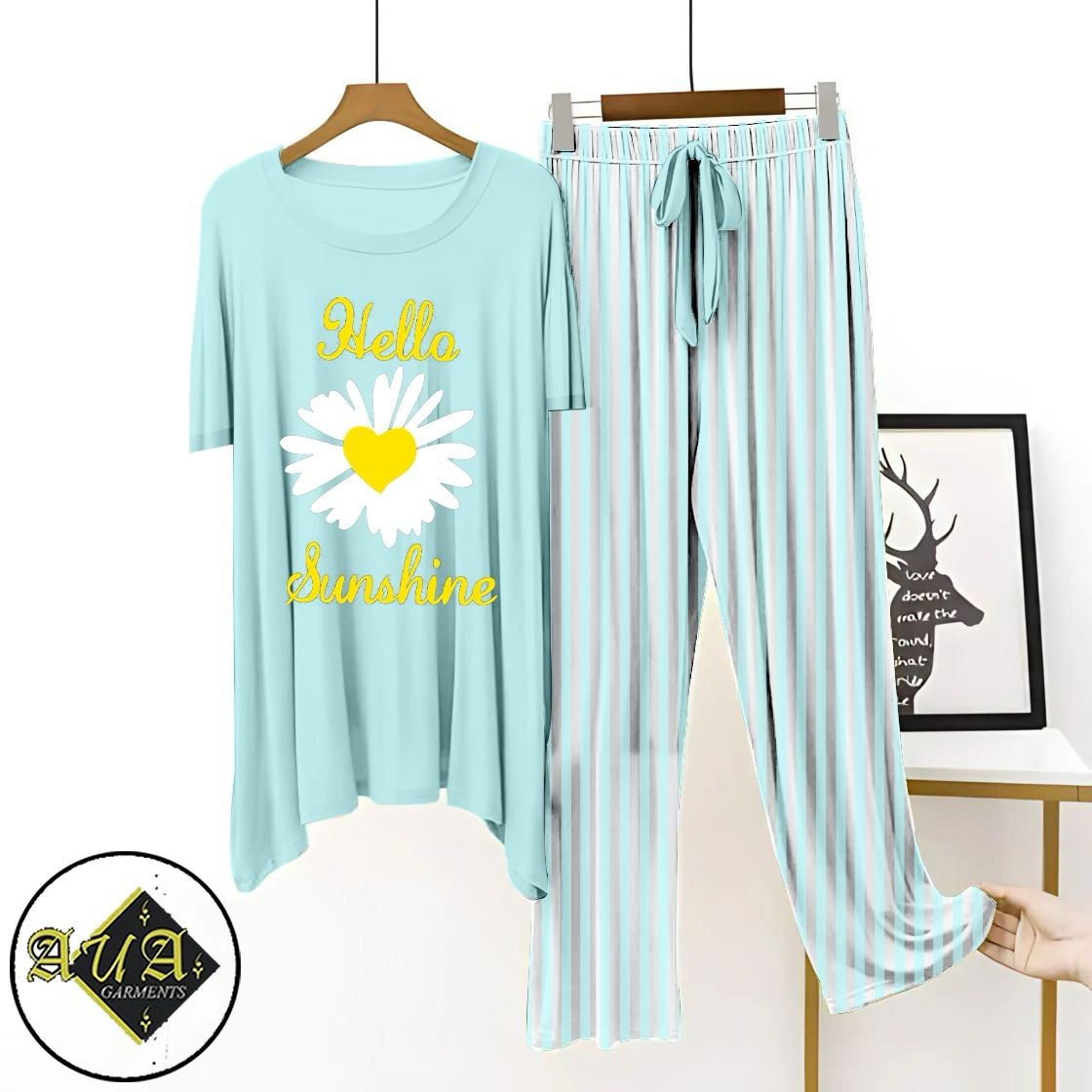 Aqua Blue Lining Trouser Printed Night Suit with Luxurious Lining Pajamas Stylish Sleepwear Set for a Cozy Night's Rest