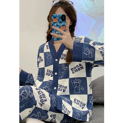 Dora Blue Check Style V-Neck Button Printed Night Suit
