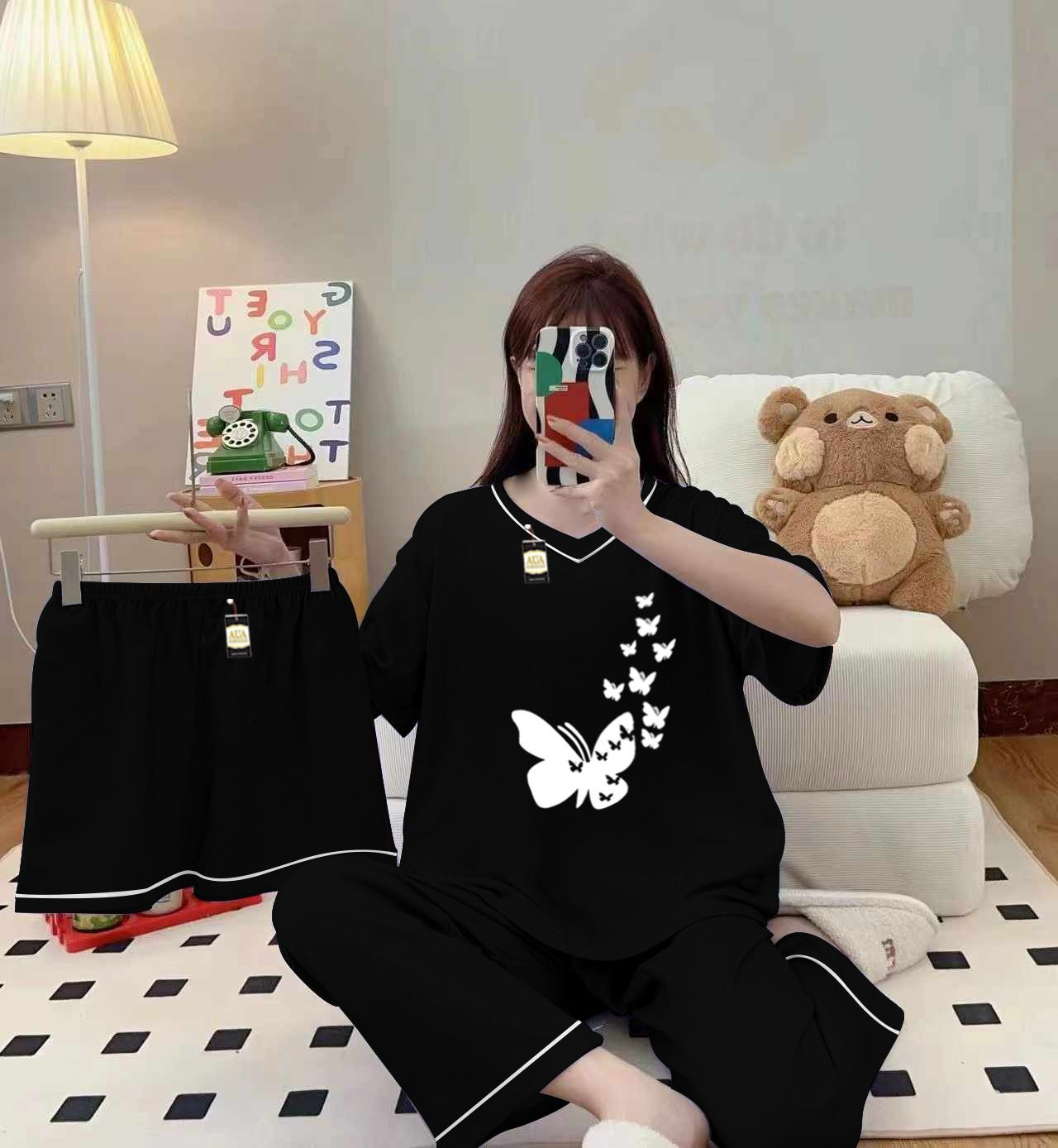 3-Piece Cami Nightwear Set for Women with Elegant White Borders BLACK