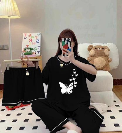 3-Piece Cami Nightwear Set for Women with Elegant White Borders BLACK