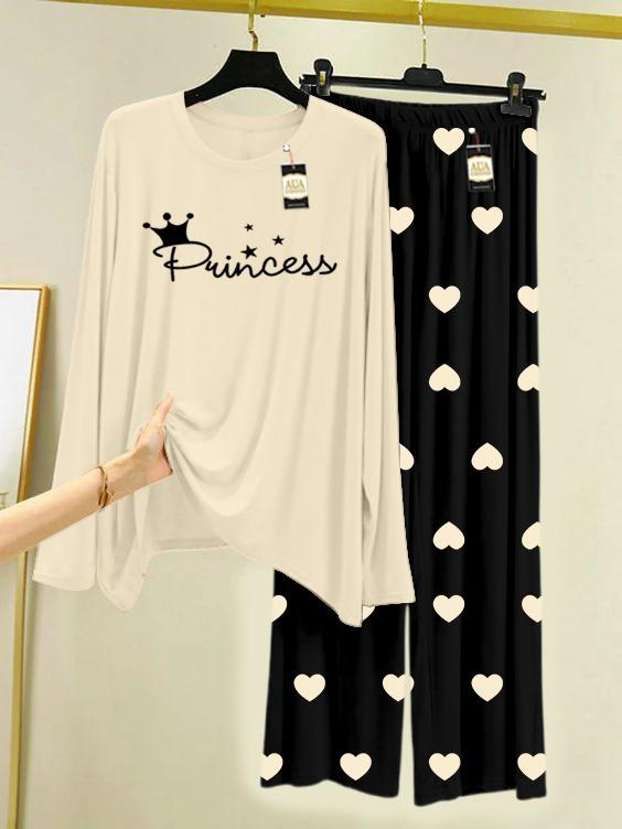 Off white Printed Nightwear Set with Black Mini Heart Printed Trousers – Women's Lounge Wear