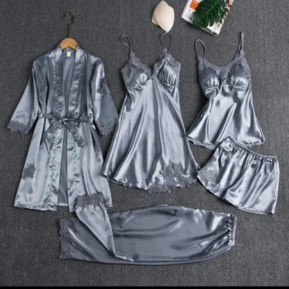 5 Piece Silk Jersey Nightwear Set for Women in Pakistan – Premium Unpadded Lingerie