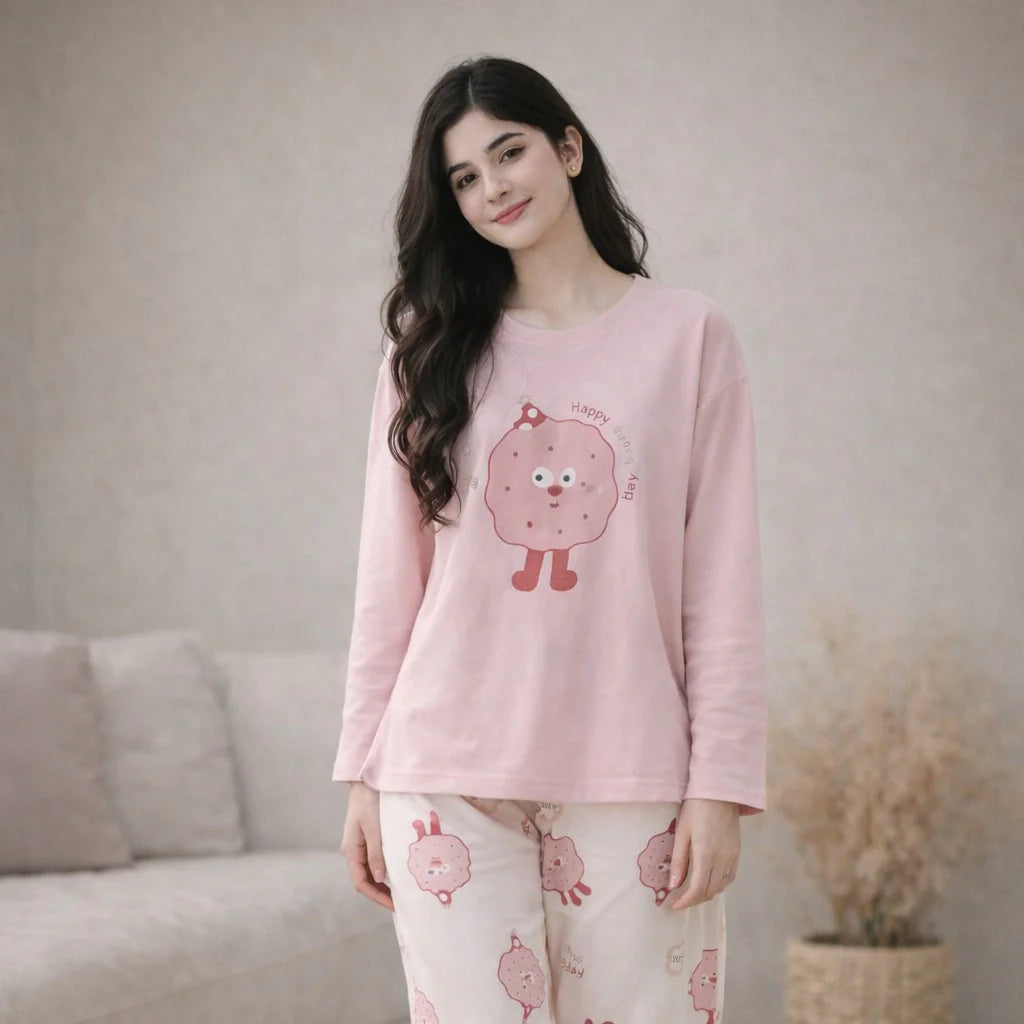 pink donut design night suit premium fabric for girls and woman