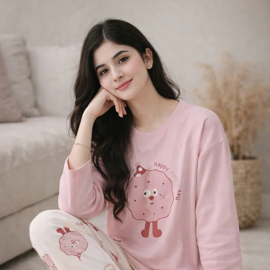pink donut design night suit premium fabric for girls and woman