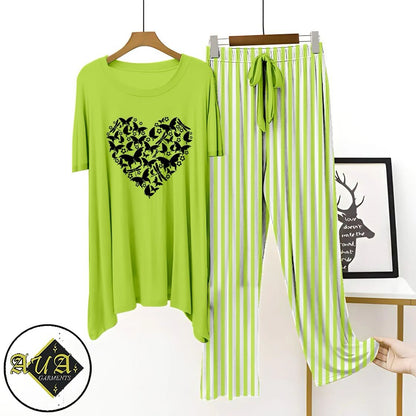 Green Lining Trouser Printed Night Suit with Luxurious Lining Pajamas Stylish Sleepwear Set for a Cozy Night's Rest