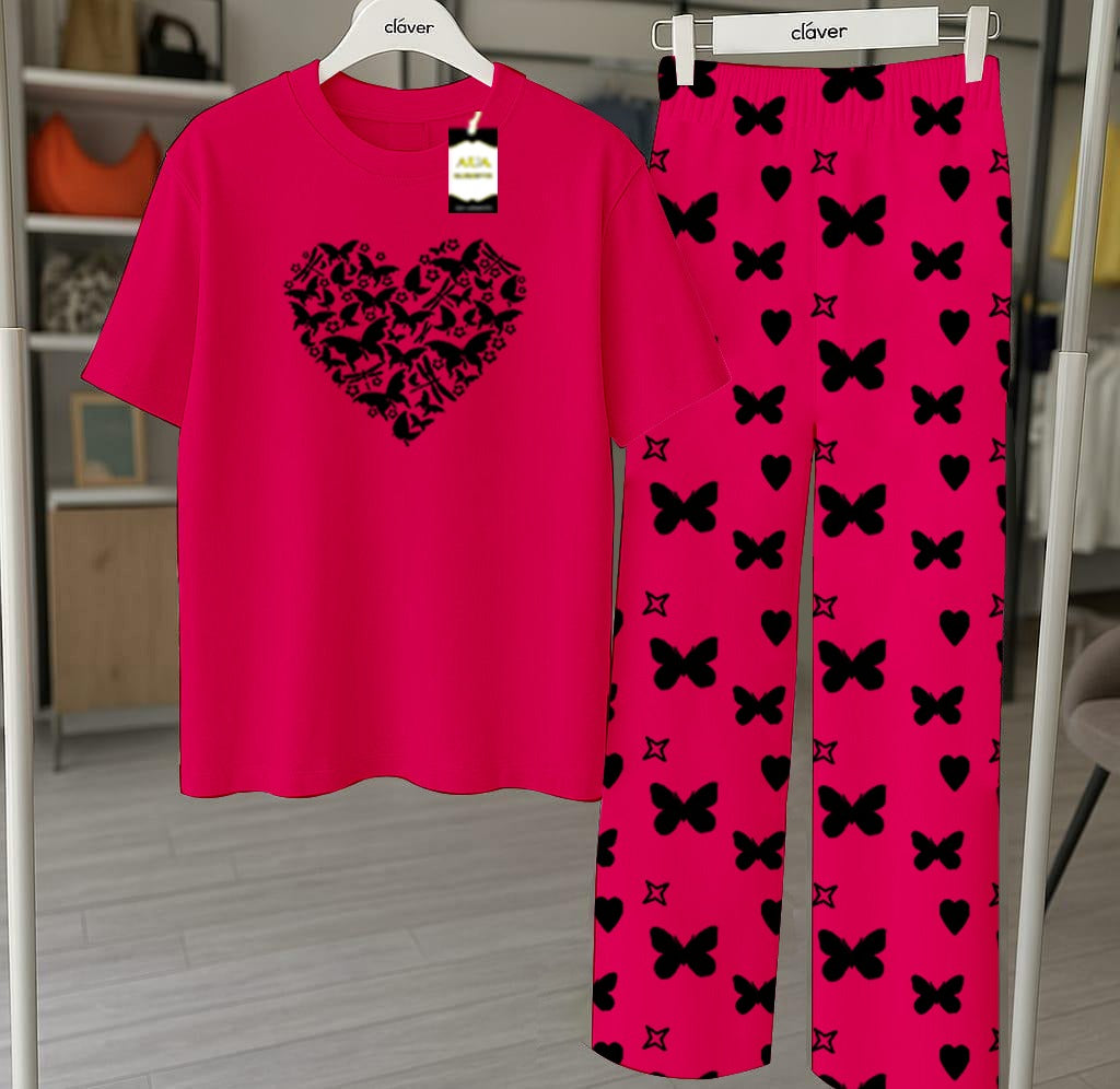 Pink  Nightwear Set With Star Butterfly Printed Trousers – Women's Lounge Wear