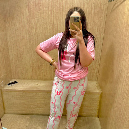 pink happy bear design night suit premium fabric for girls and woman
