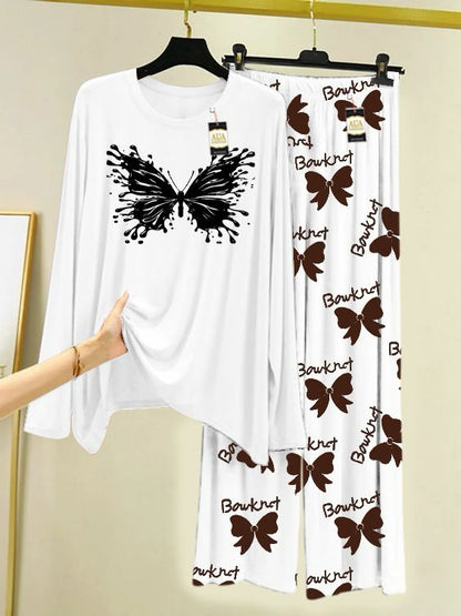 white Printed Nightwear Set with Boo Printed Trousers – Women's Lounge Wear