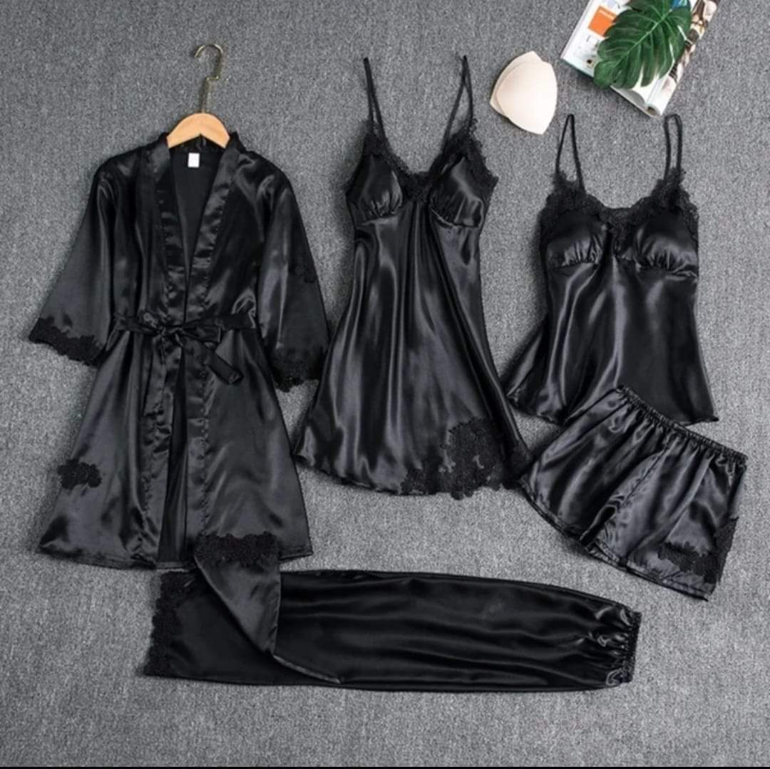 5 Piece Silk Jersey Nightwear Set for Women in Pakistan – Premium Unpadded Lingerie