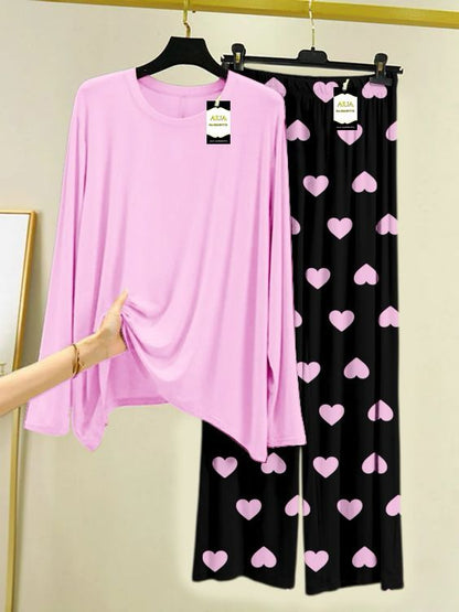 Plan Printed Nightwear Set with Black Mini Heart Printed Trousers – Women's Lounge Wear