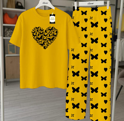Yellow Printed Nightwear Set With Star Butterfly Printed Trousers – Women's Lounge Wear