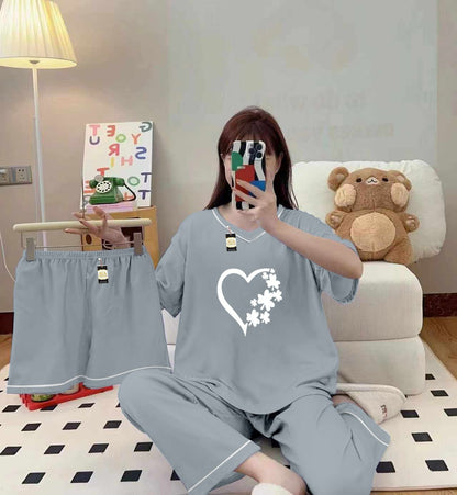 3-Piece Cami Nightwear Set for Women with Elegant White Borders Grey