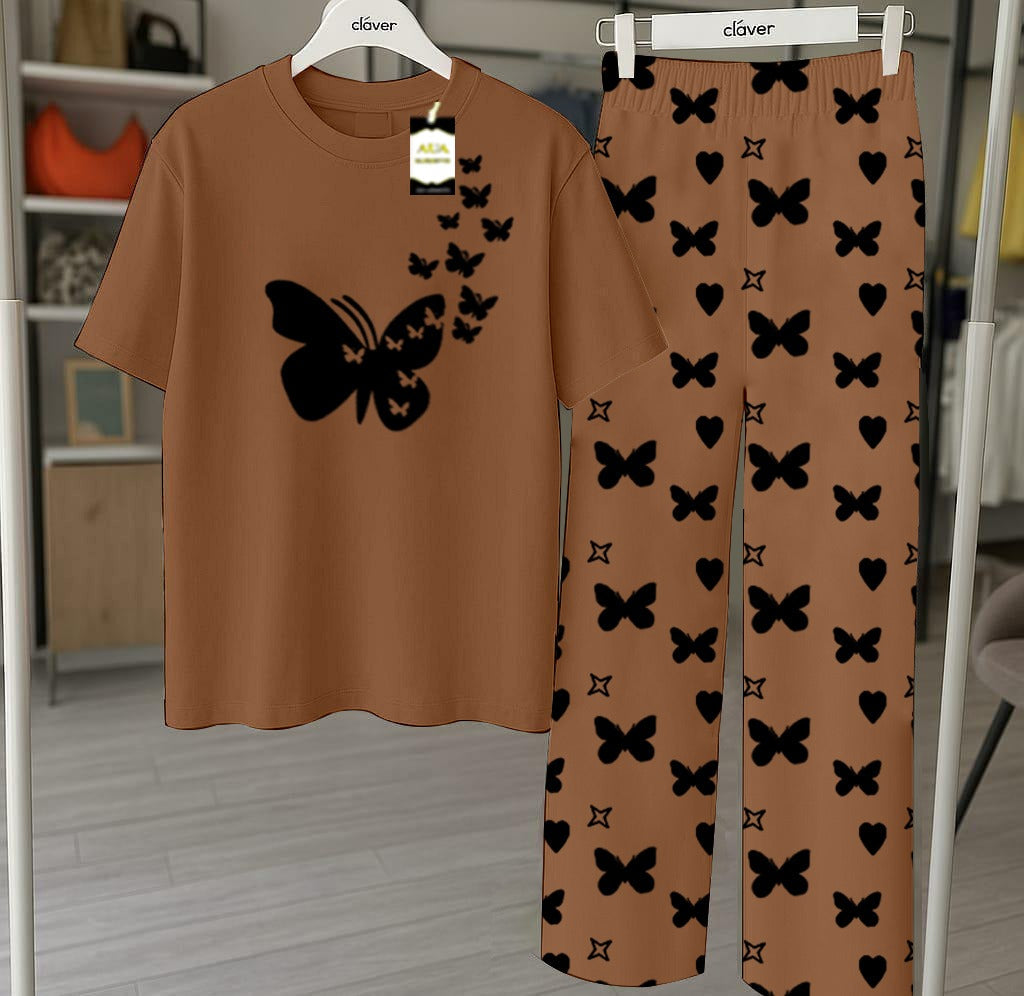 Brown Printed Nightwear Set With Star Butterfly Printed Trousers – Women's Lounge Wear