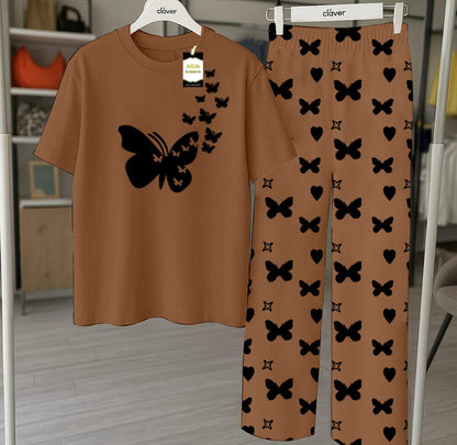 Brown Printed Nightwear Set With Star Butterfly Printed Trousers – Women's Lounge Wear