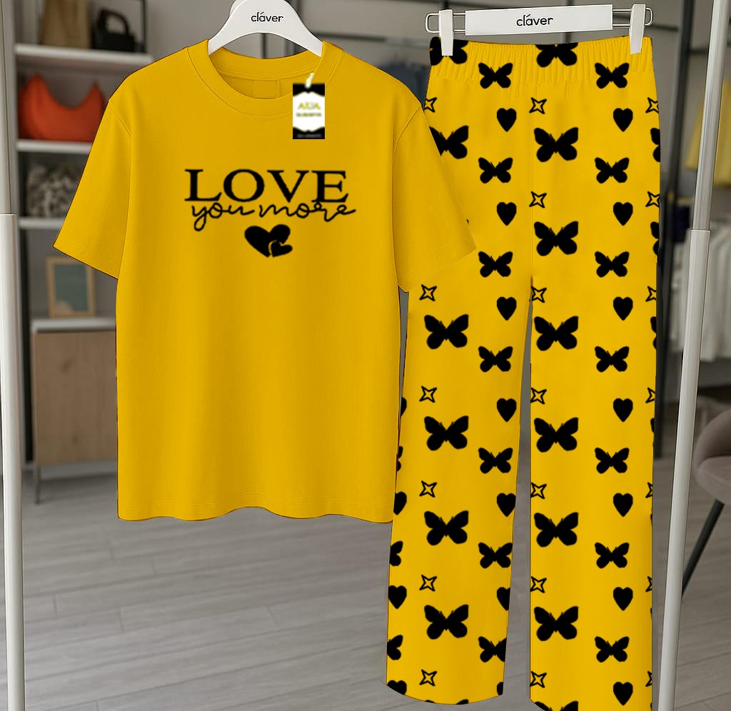Yellow Printed Nightwear Set With Star Butterfly Printed Trousers – Women's Lounge Wear