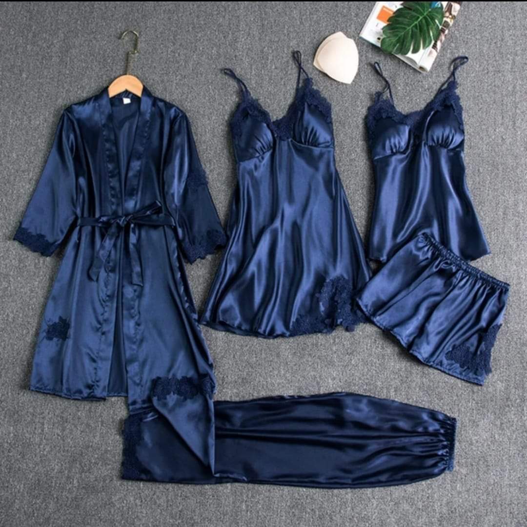 5 Piece Silk Jersey Nightwear Set for Women in Pakistan – Premium Unpadded Lingerie