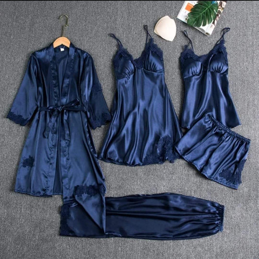 5 Piece Silk Jersey Nightwear Set for Women in Pakistan – Premium Unpadded Lingerie