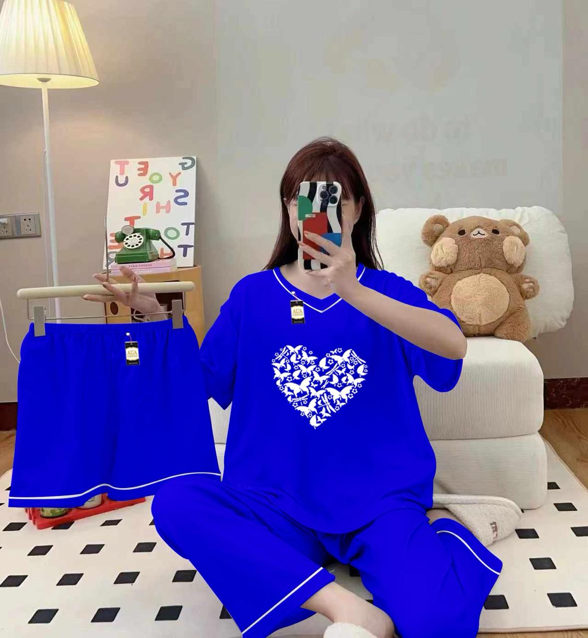 3-Piece Cami Nightwear Set for Women with Elegant White Borders Royal Blue