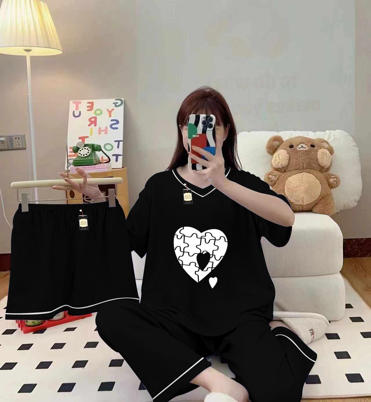 3-Piece Cami Nightwear Set for Women with Elegant White Borders BLACK