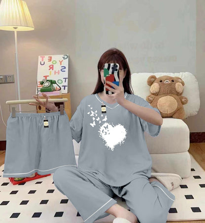 3-Piece Cami Nightwear Set for Women with Elegant White Borders Grey