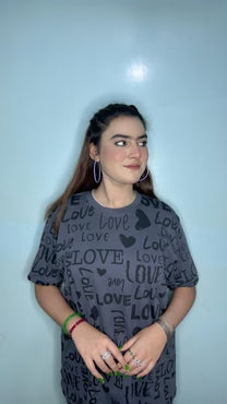 Charcoal Drop Shoulder Love Printed Night Suit