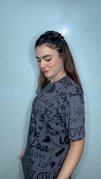 Charcoal Drop Shoulder Love Printed Night Suit