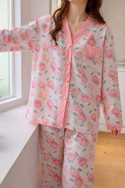 Pink Rose V-Neck Button Printed Night Suit