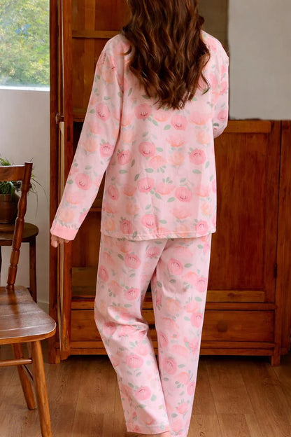 Pink Rose V-Neck Button Printed Night Suit